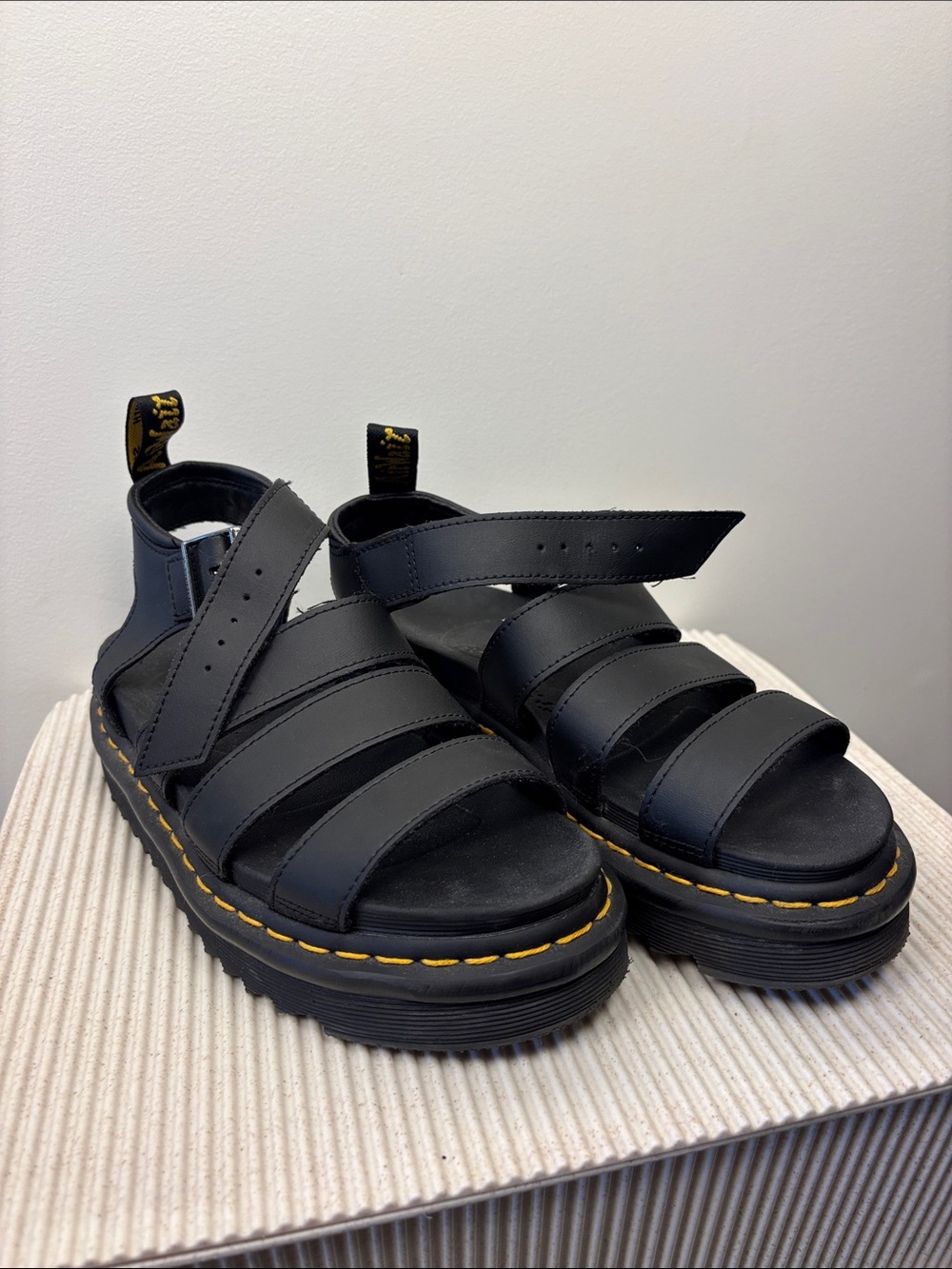 Dr. Martens Black Leather Gladiator Sandals with Yellow Stitching